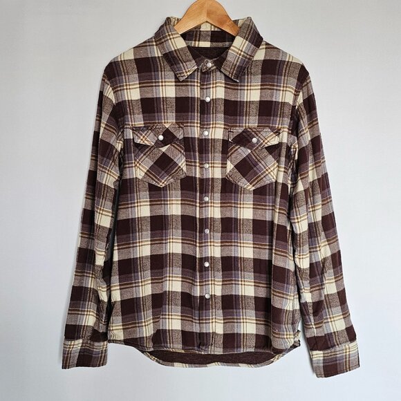 Chor Plaid Flannel Shirt Shacket Thermal Lining Pearl Snaps Pockets Size M Brown - Picture 13 of 14